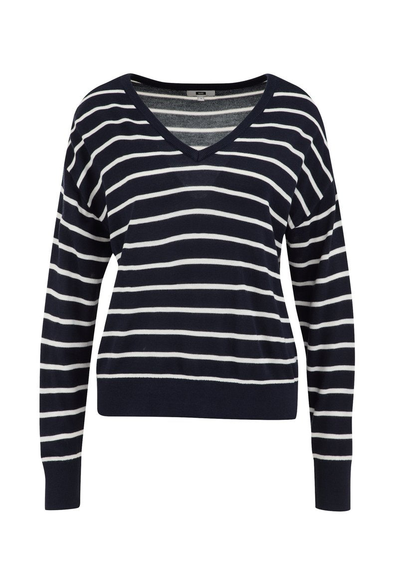 Marineblau-weißer gestreifter Pullover mit V-Ausschnitt, langen Ärmeln und einer lässigen Passform. Hergestellt aus weichem, strukturiertem Strickmaterial.