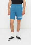 Mann trägt blaue Shorts mit dem Schriftzug „The Future Surf Society“, weiße Socken, schwarze Sneaker und ein schwarzes Shirt, steht vor weißem Hintergrund.