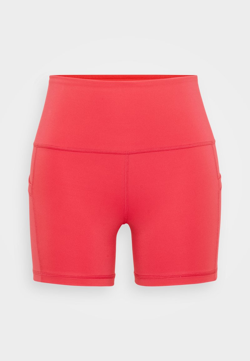 Rote Trainingsshorts aus dehnbarem Material, mit hohem Bund und seitlichen Taschen, sowie flachen Nähten für Komfort und Langlebigkeit.