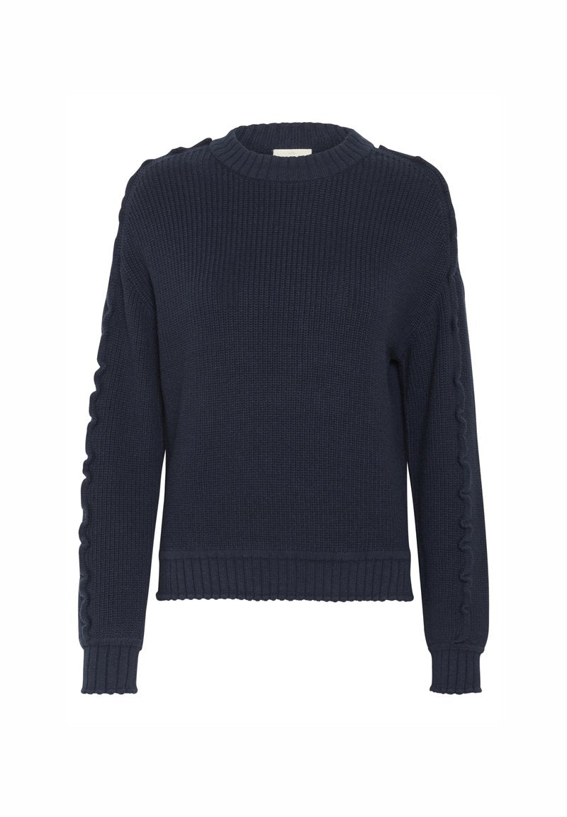 Marineblaues geripptes Sweatshirt mit langen Ärmeln, rundem Halsausschnitt und gewelltem Detail an den Seiten und den Bündchen. Strukturierter Strickstoff.