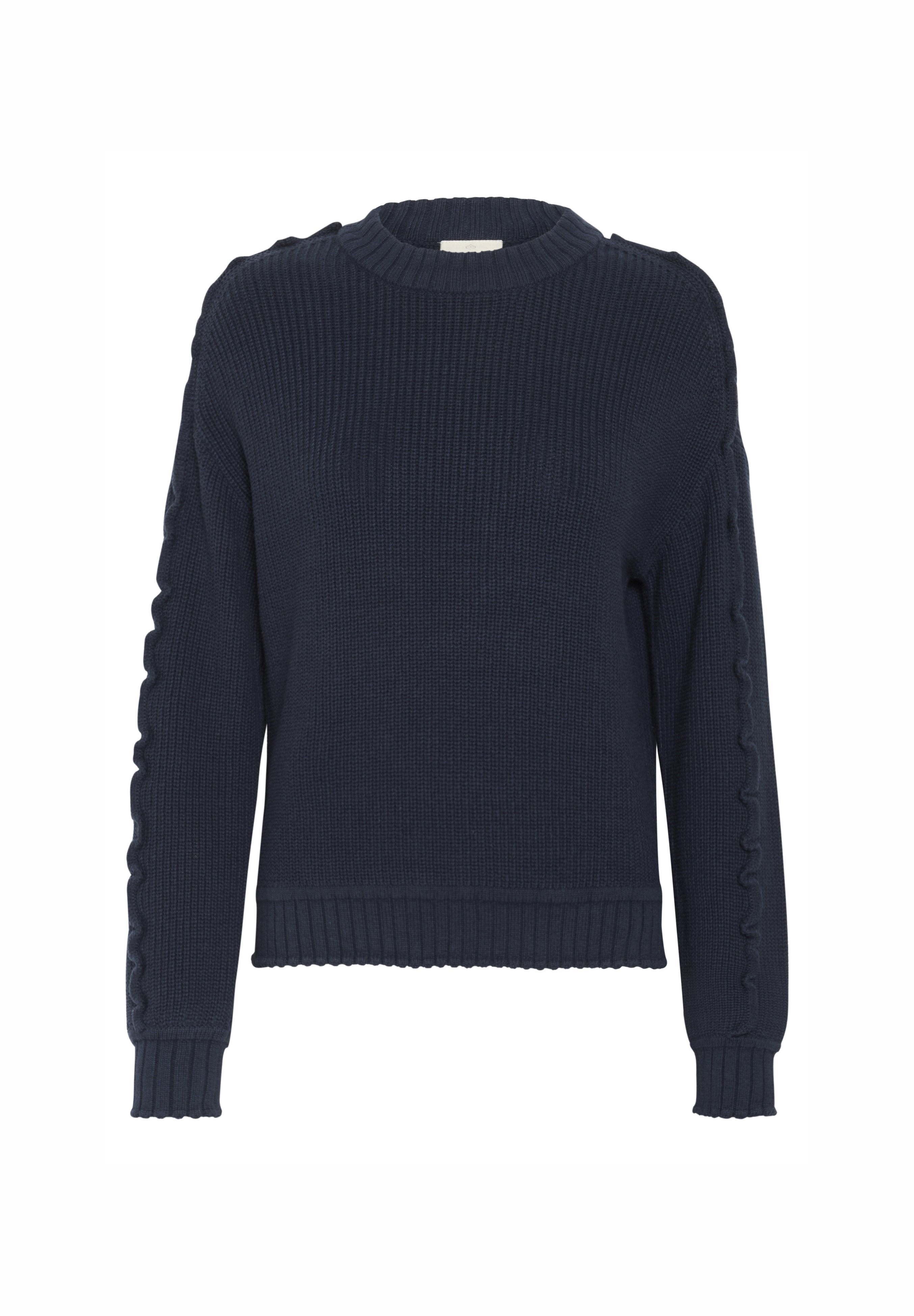 Marineblaues geripptes Sweatshirt mit langen Ärmeln, rundem Halsausschnitt und gewelltem Detail an den Seiten und den Bündchen. Strukturierter Strickstoff.