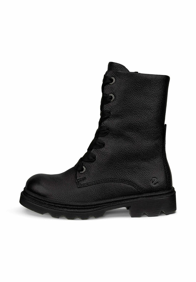 Schwarze Lederstiefel mit Schnürung an der Vorderseite, runder Zehenform, texturiertem Obermaterial und robuster Sohle. Verfügt über ein Logo an der Außenseite.