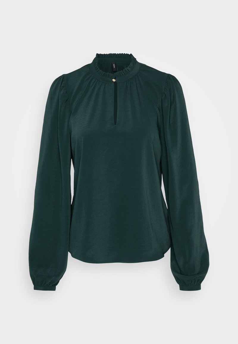 Dunkelgrün Bluse mit einem hohen Rüschenausschnitt, Schlüssellochöffnung und langen Puffärmeln. Hergestellt aus einem glatten, leichten Stoff.