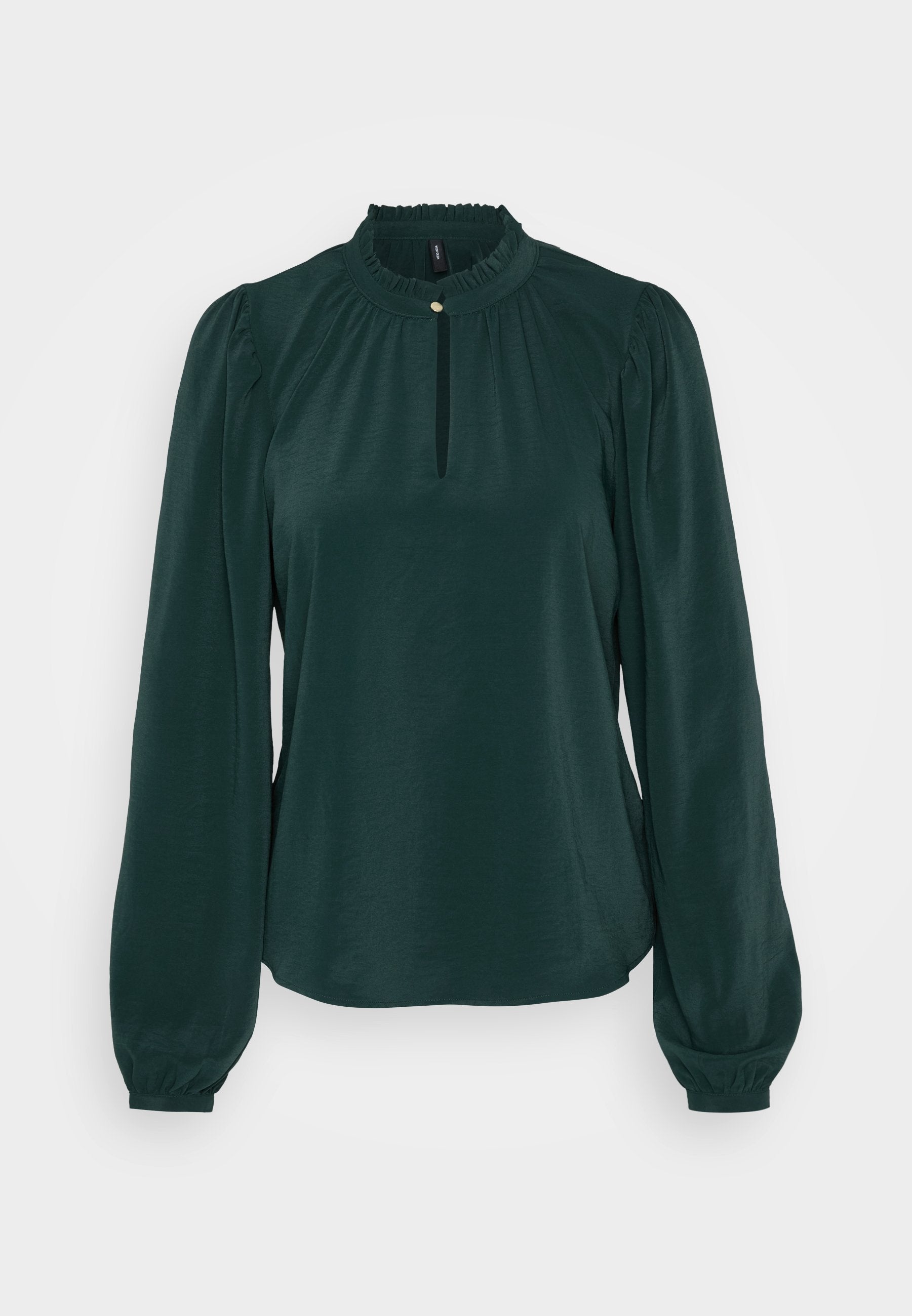 Dunkelgrün Bluse mit einem hohen Rüschenausschnitt, Schlüssellochöffnung und langen Puffärmeln. Hergestellt aus einem glatten, leichten Stoff.