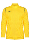 Gelbe Nike-Jacke mit hohem Kragen, durchgehendem Reißverschluss, schwarzen Akzentlinien an den Schultern und elastischen Bündchen. Leichtes Material.