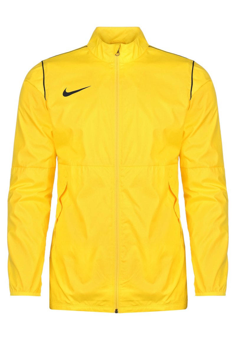 Gelbe Nike-Jacke mit hohem Kragen, durchgehendem Reißverschluss, schwarzen Akzentlinien an den Schultern und elastischen Bündchen. Leichtes Material.