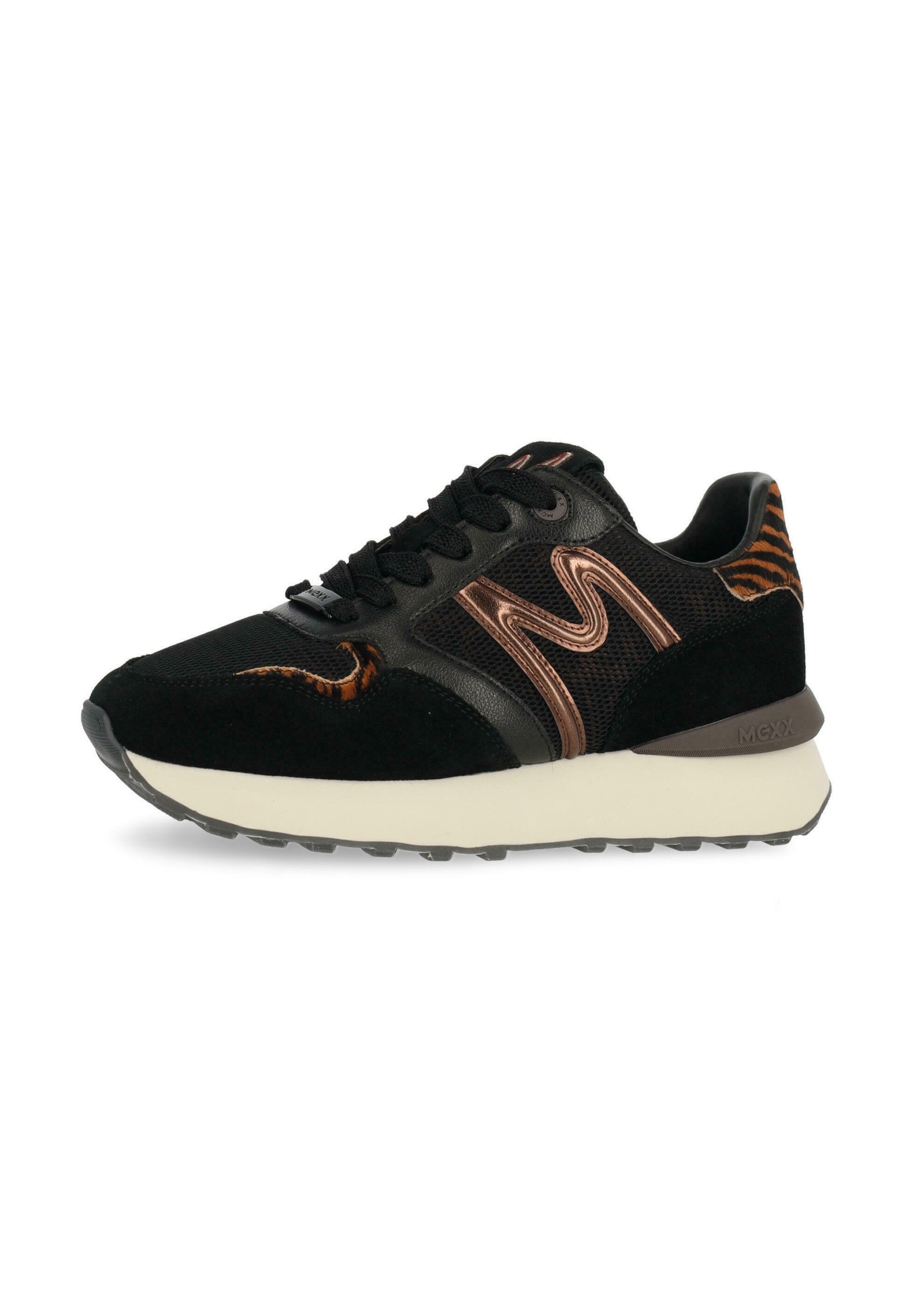 Schwarze Sneaker aus Netzstoff, Wildleder und Kunstleder. Mit Bronzeakzenten, einem strukturierten Muster und einer weißen Zwischensohle mit schwarzer Laufsohle.