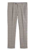 Beige Karohosen mit einem strukturierten Muster, das hellbraune und dunkelrote Linien aufweist, mit vorderen Falten und einem einzelnen Knopfverschluss an der Taille.