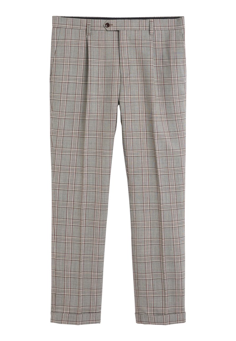 Beige Karohosen mit einem strukturierten Muster, das hellbraune und dunkelrote Linien aufweist, mit vorderen Falten und einem einzelnen Knopfverschluss an der Taille.