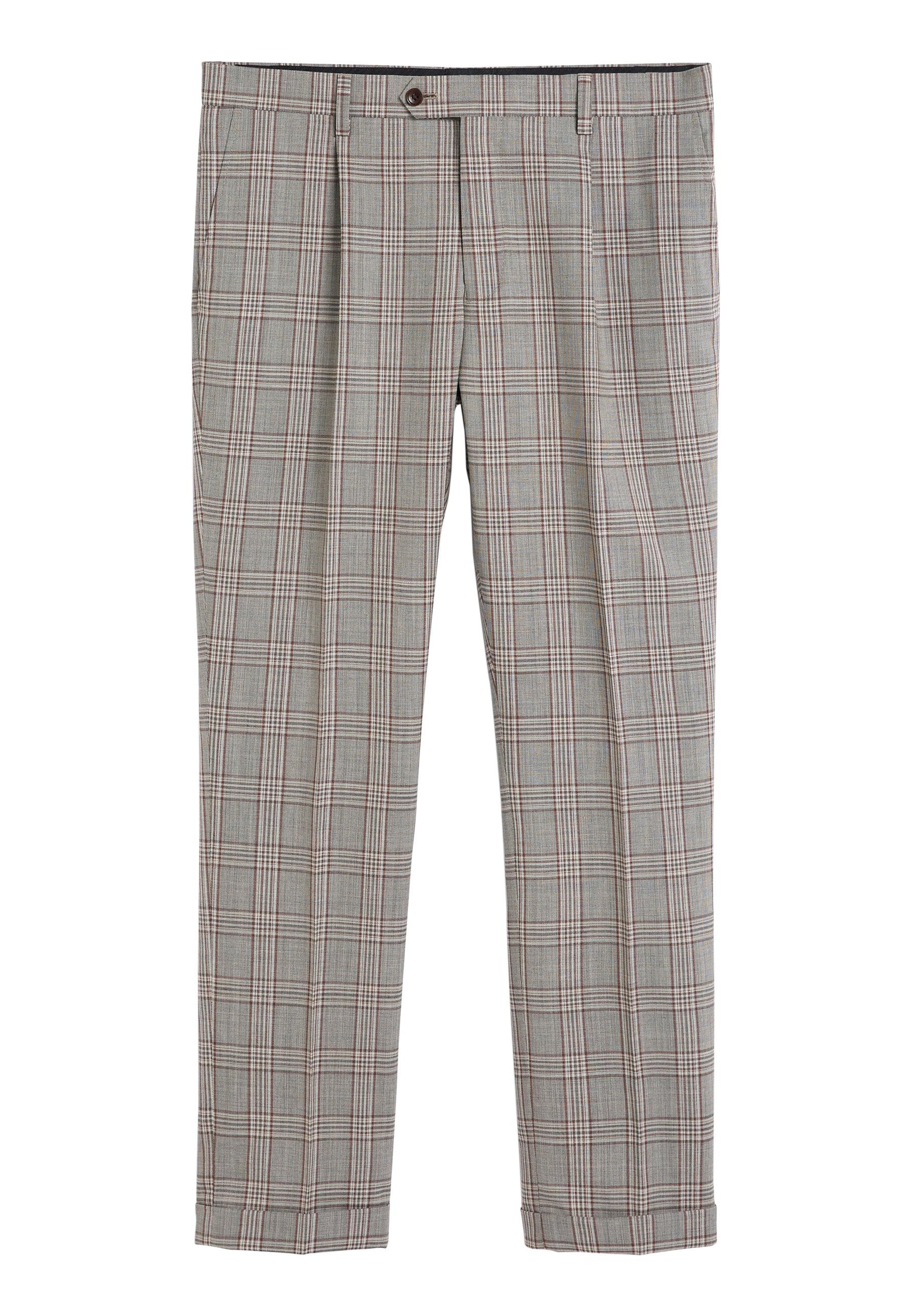 Beige Karohosen mit einem strukturierten Muster, das hellbraune und dunkelrote Linien aufweist, mit vorderen Falten und einem einzelnen Knopfverschluss an der Taille.