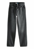 Schwarze gerade Jeans aus Denim mit Knopfverschluss, fünf Taschen-Design und einem verblassten Waschung mit subtiler Textur.