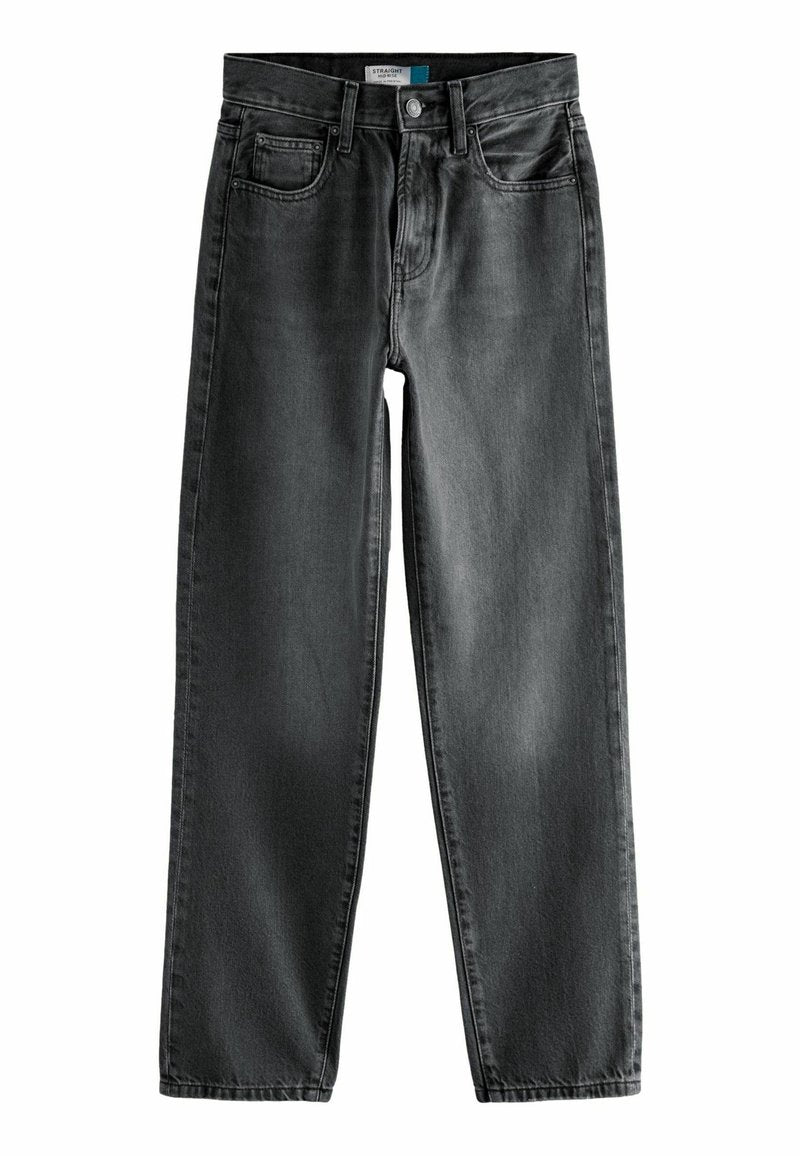 Schwarze gerade Jeans aus Denim mit Knopfverschluss, fünf Taschen-Design und einem verblassten Waschung mit subtiler Textur.