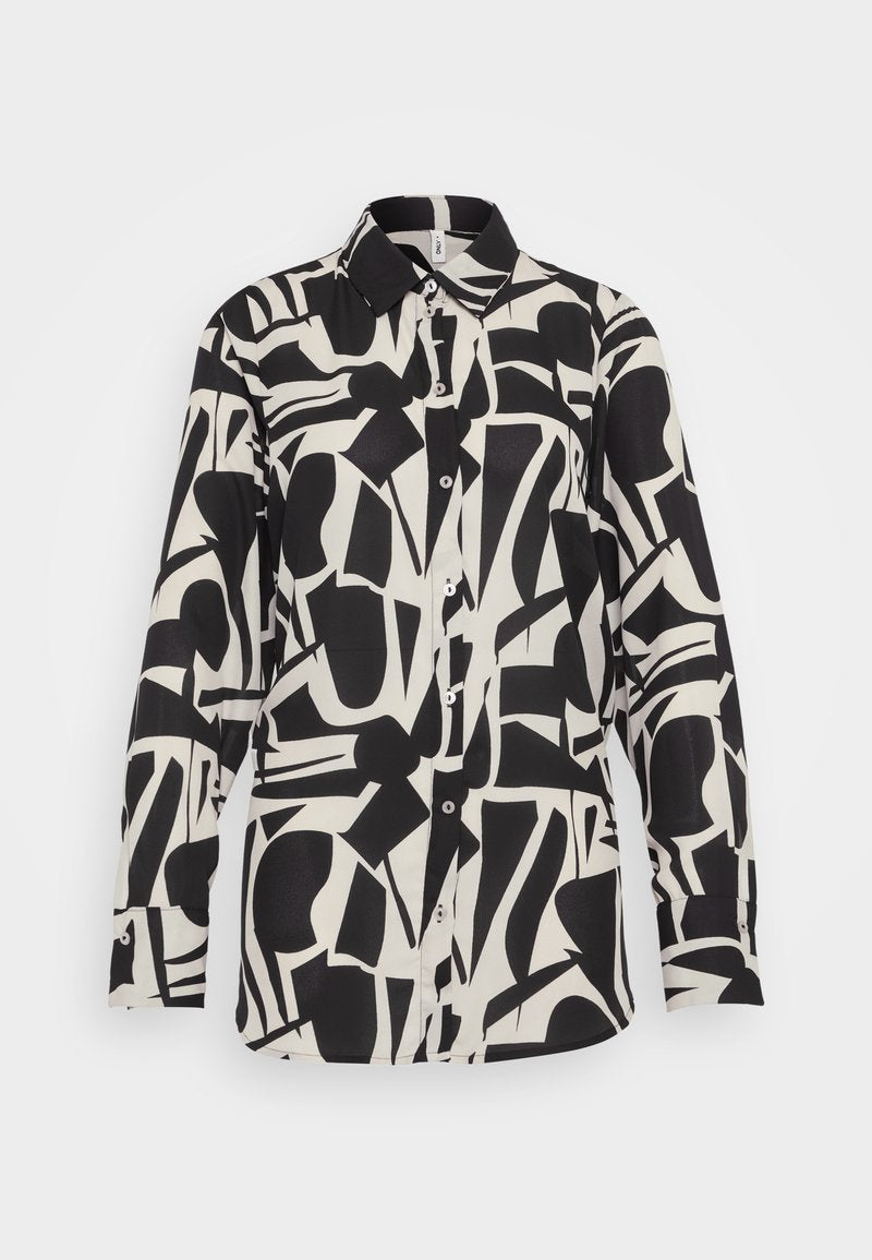 Langärmliges, knopfbares Hemd in Schwarz und Weiß, mit einem abstrakten Muster aus verschiedenen geometrischen Formen und einem klassischen Kragendesign.