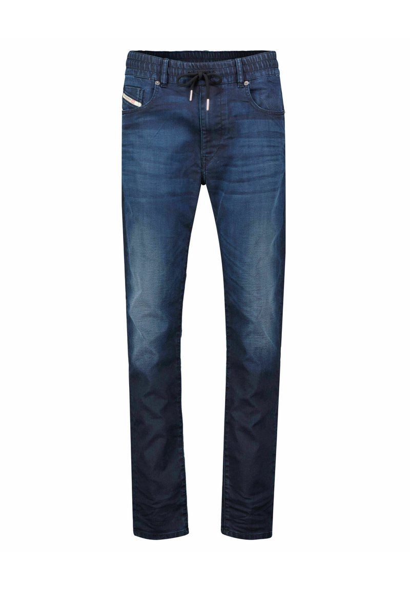 Dunkelblaue Denim-Jeans mit glatter Textur, elastischem Bund, Kordelzug und Fronttaschen mit subtilen Stickdetails.