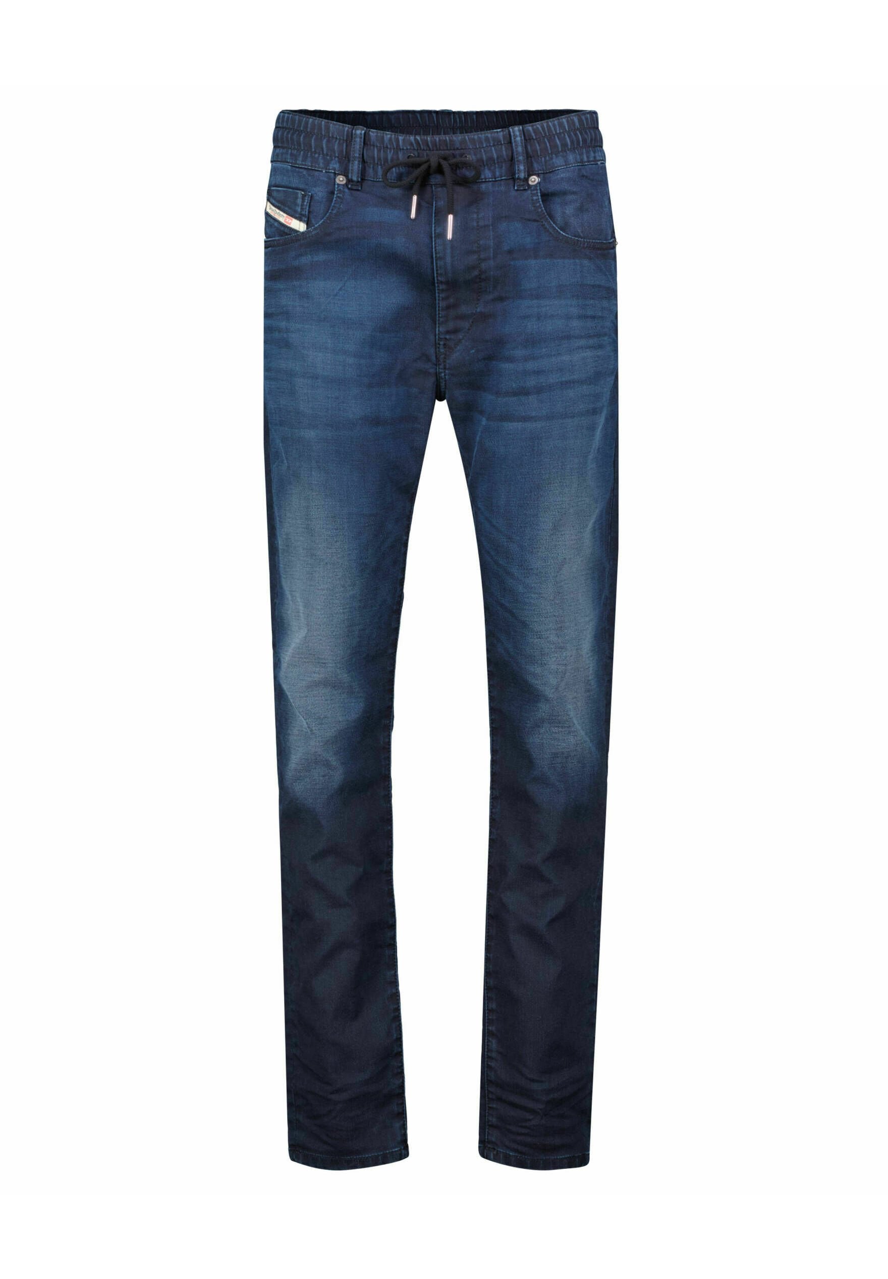 Dunkelblaue Denim-Jeans mit glatter Textur, elastischem Bund, Kordelzug und Fronttaschen mit subtilen Stickdetails.
