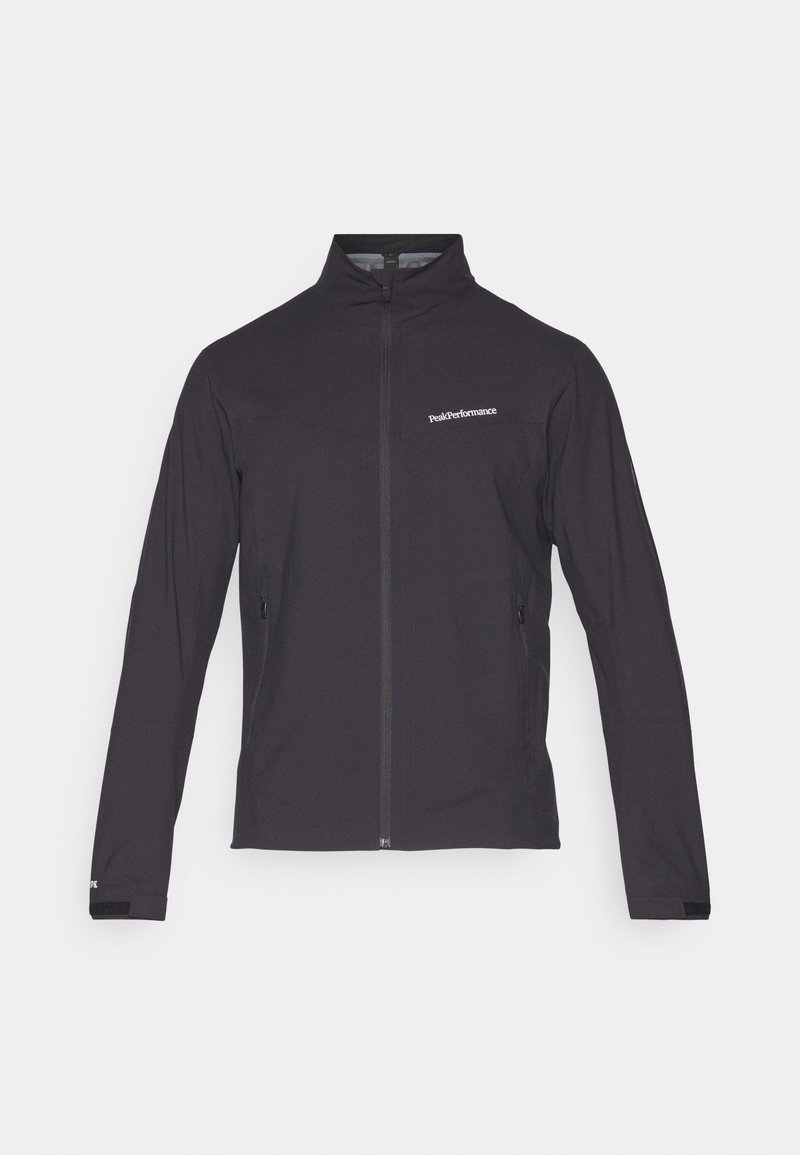 Schwarze, leichte Jacke mit hohem Kragen, durchgehendem Reißverschluss, seitlichen Reißverschlusstaschen und einem Logo auf der linken Brust. Glatte Textur.