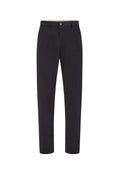 Dunkelgraue Hose aus einem strukturierten Stoff. Mit Knopfverschluss und geradem Schnitt, seitlichen Taschen und Gürtelschlaufen.