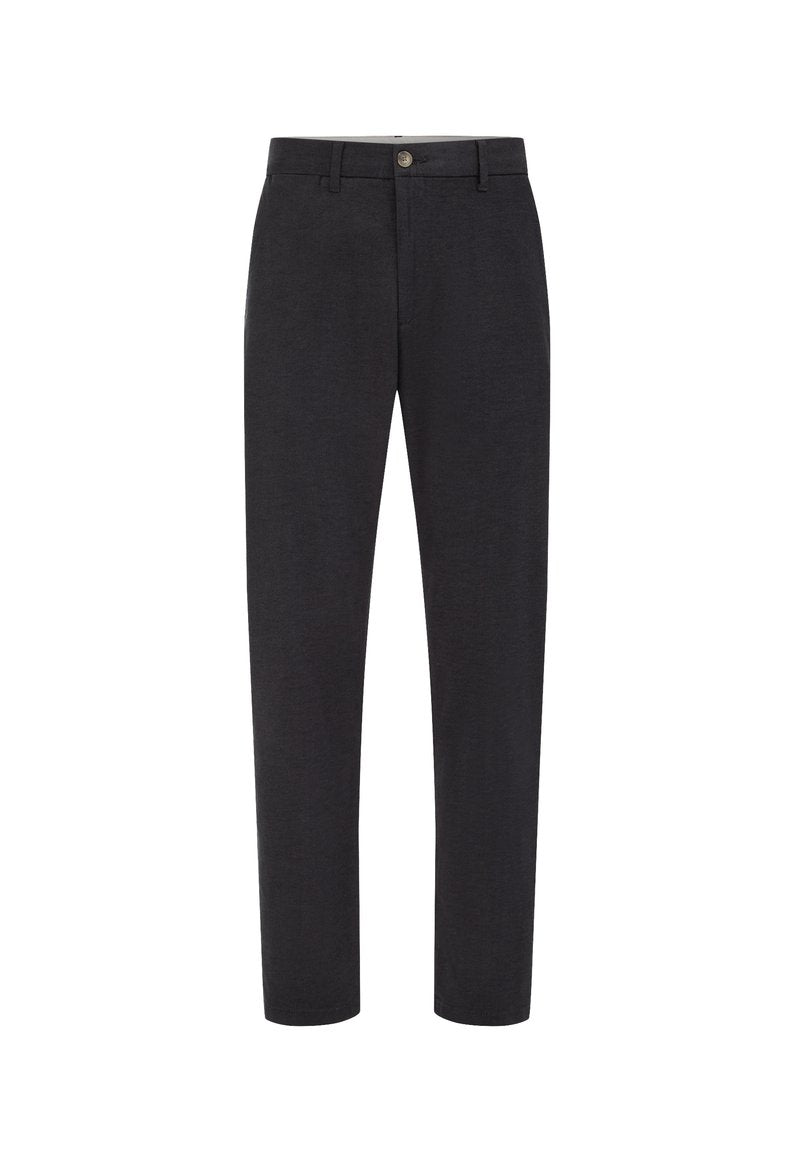 Dunkelgraue Hose aus einem strukturierten Stoff. Mit Knopfverschluss und geradem Schnitt, seitlichen Taschen und Gürtelschlaufen.