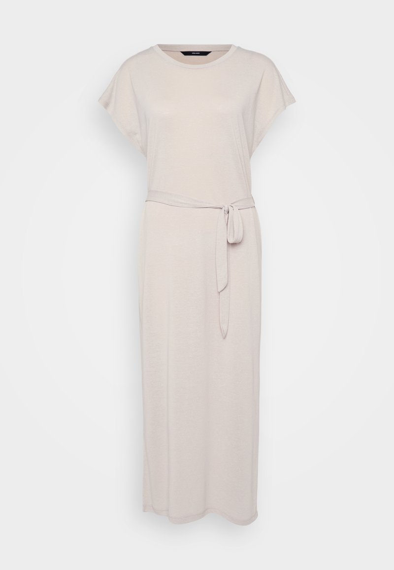 Helles beige Maxikleid mit kurzen Ärmeln, Rundhalsausschnitt und einem Bindegürtel in der Taille. Hergestellt aus weichem, strukturiertem Stoff.