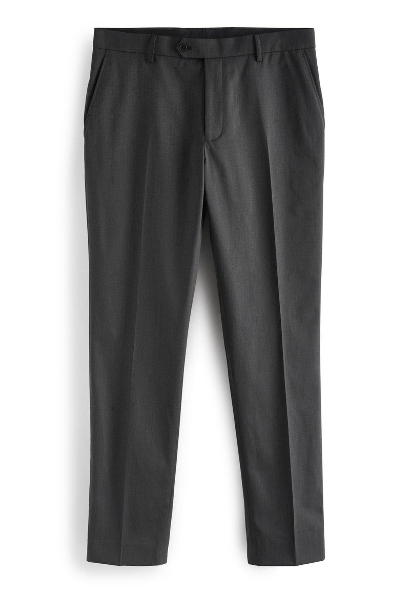 Graue Kandidatenhose mit geradem Schnitt, aus glattem Stoff mit subtiler Textur, mit Fronttaschen und einem einzigen Knopfverschluss.