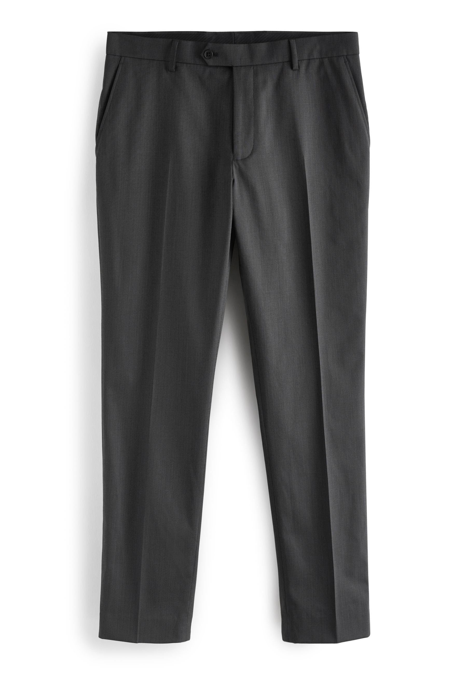 Graue Kandidatenhose mit geradem Schnitt, aus glattem Stoff mit subtiler Textur, mit Fronttaschen und einem einzigen Knopfverschluss.