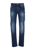 Klassische blaue Denim-Jeans mit geradem Schnitt, ausgestattet mit Ausbleichungen, Fünf-Taschen-Design und kontrastierenden Nähten.