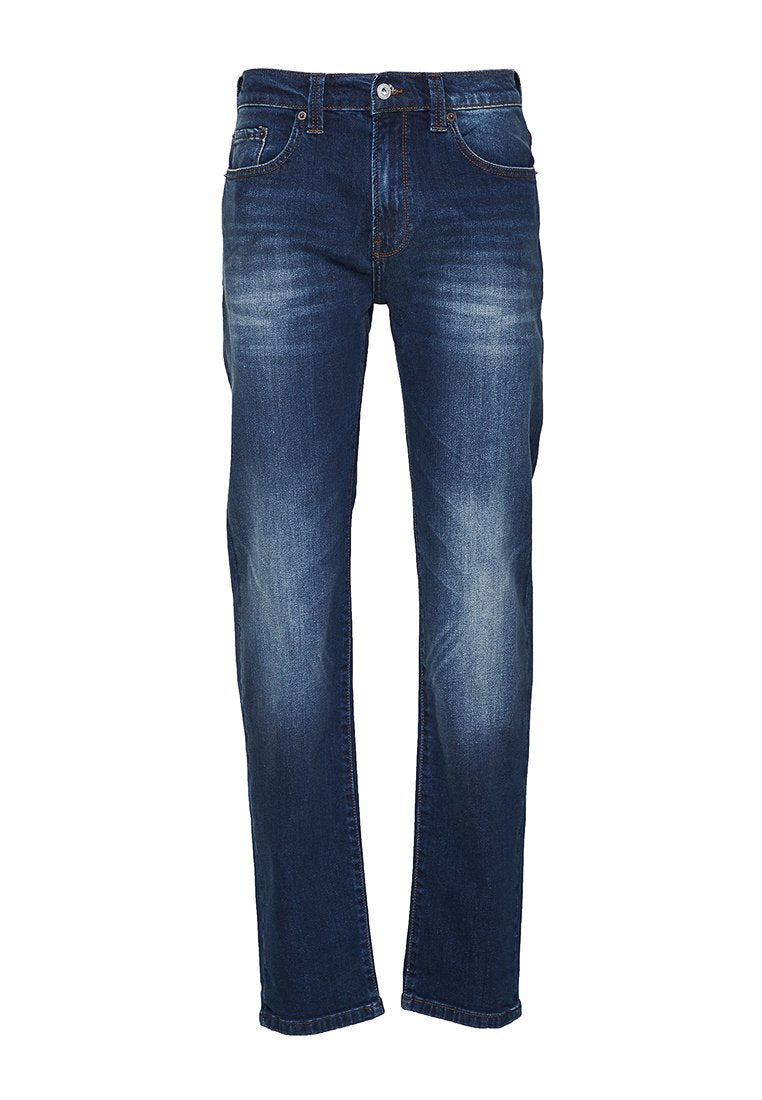 Klassische blaue Denim-Jeans mit geradem Schnitt, ausgestattet mit Ausbleichungen, Fünf-Taschen-Design und kontrastierenden Nähten.