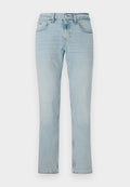 Helle blaue Jeans mit geradem Bein, fünf Taschen und einem Knopfverschluss. Verfügt über dezente Verwaschungen und ein klassisches Design.