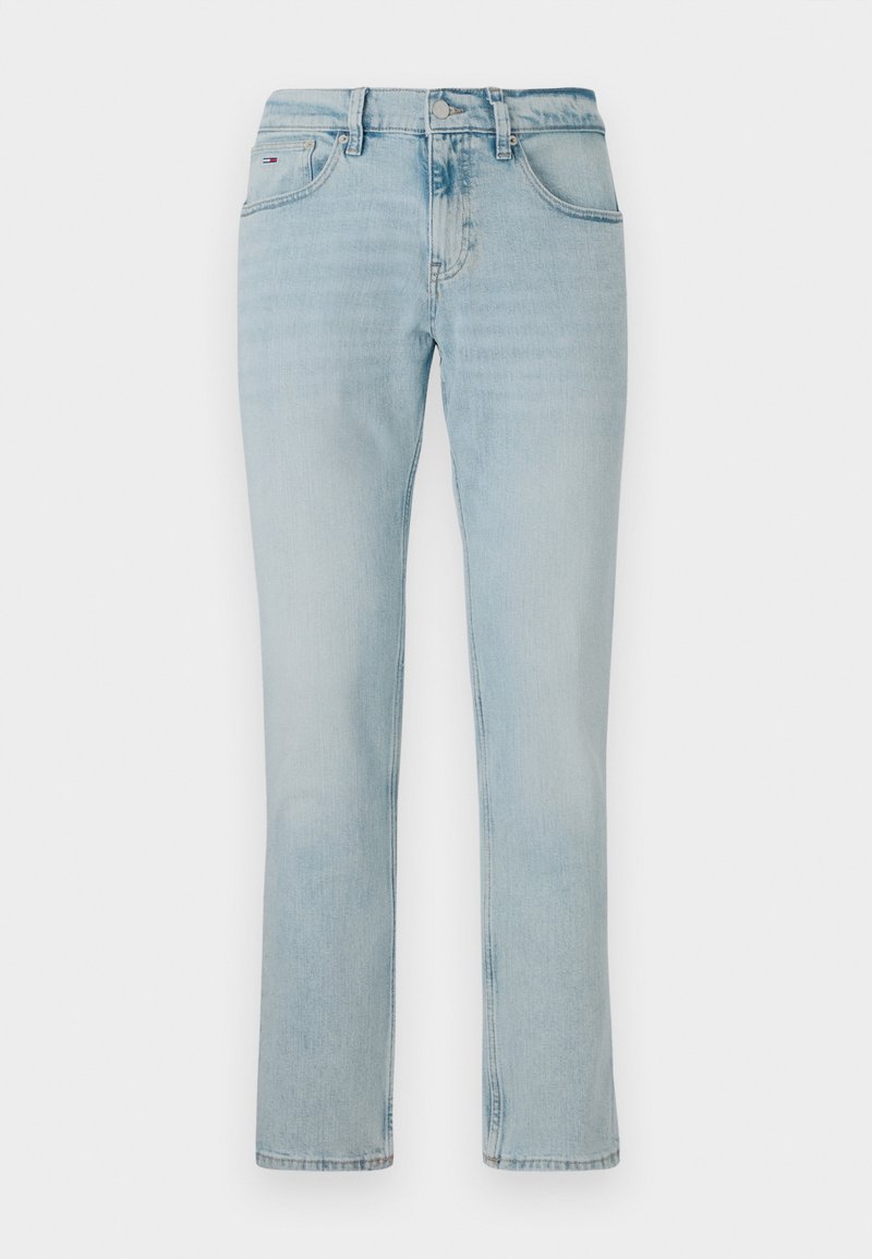 Helle blaue Jeans mit geradem Bein, fünf Taschen und einem Knopfverschluss. Verfügt über dezente Verwaschungen und ein klassisches Design.