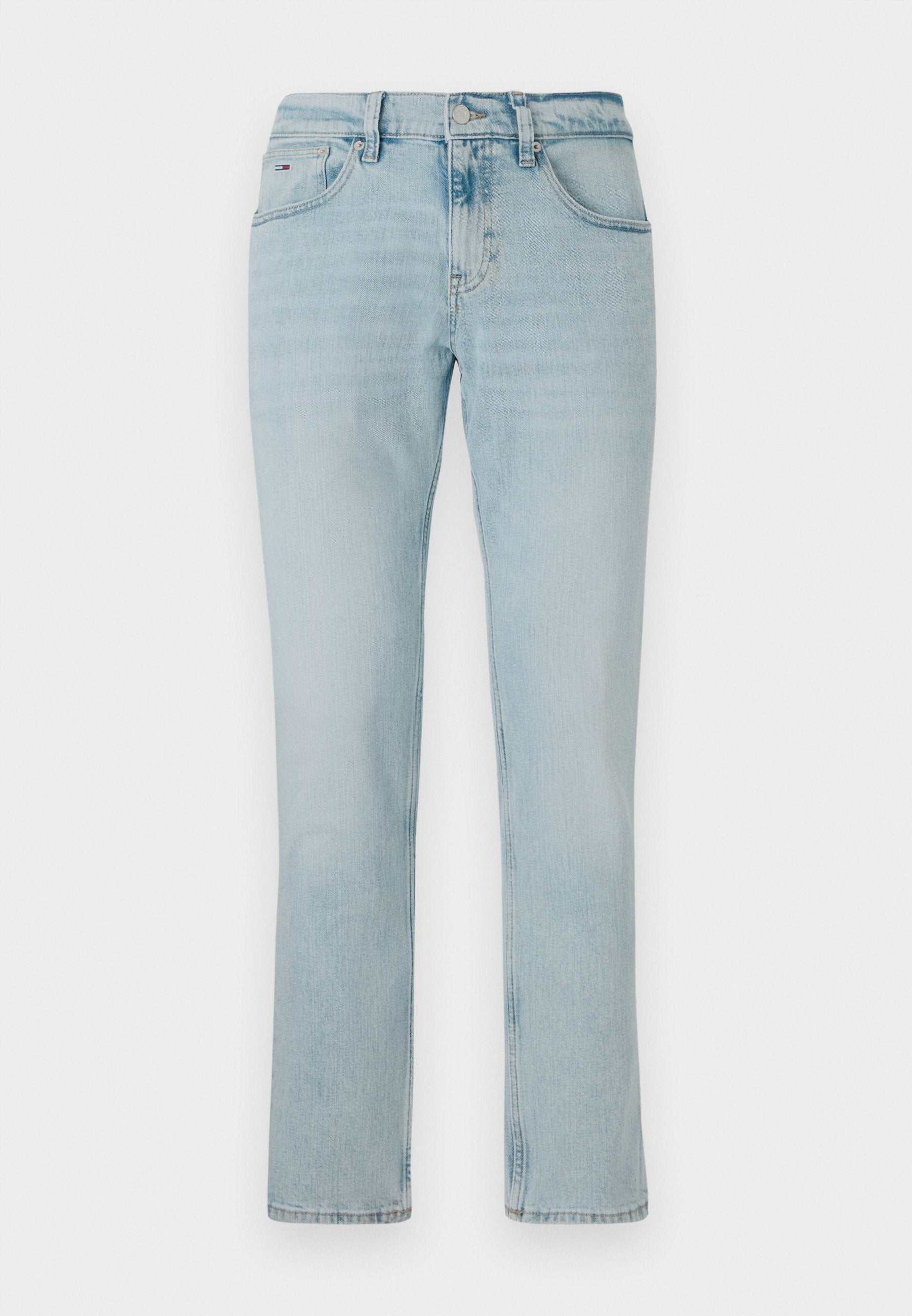 Helle blaue Jeans mit geradem Bein, fünf Taschen und einem Knopfverschluss. Verfügt über dezente Verwaschungen und ein klassisches Design.
