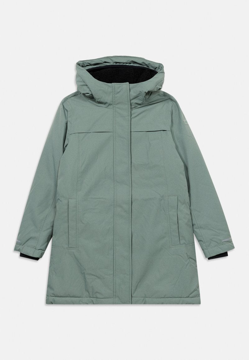 Hellgrüne wasserdichte Jacke mit Kapuze, Reißverschluss, zwei Fronttaschen und schwarzer Innenfütterung zur Isolierung. Glattes, strapazierfähiges Gewebe.