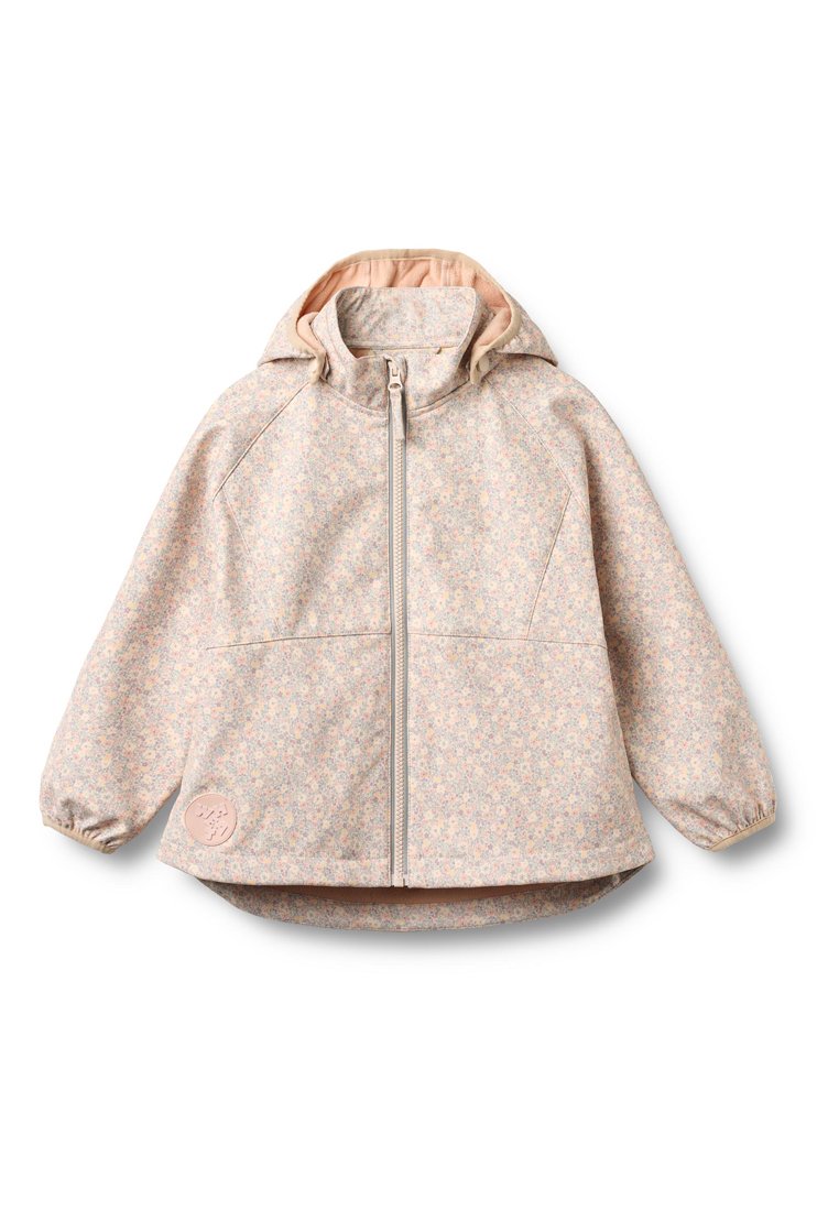 Leichte Jacke mit floralem Muster in pastellrosa, mit durchgehendem Reißverschluss, passender Kapuze und elastischen Bündchen; verfügt über einen runden Logo-Patch an der Seite.
