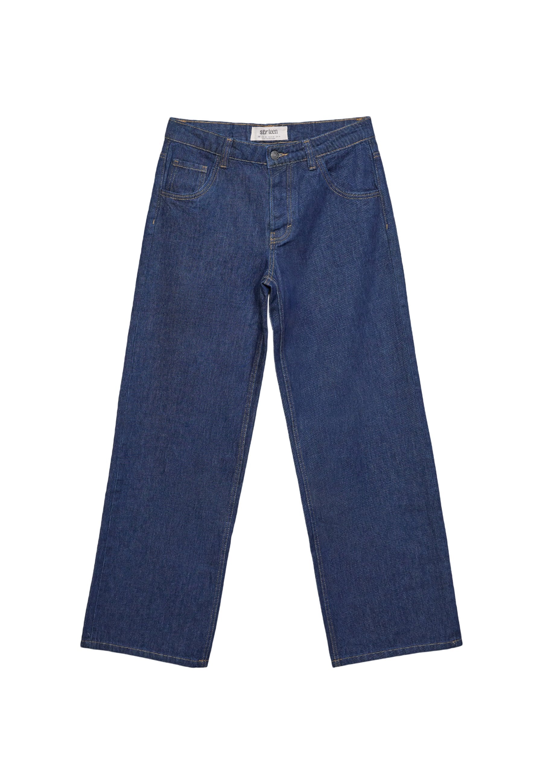 Blaue Denim-Jeans mit geraden Beinen, Frontknopf und Reißverschluss, zwei vorderen Taschen und Gürtelschlaufen.