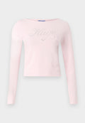Hellrosa Langarmshirt mit Bootsausschnitt, verziert mit einem "Hugo" Schriftzug aus Strasssteinen auf der Brust. Weicher Baumwollstoff.