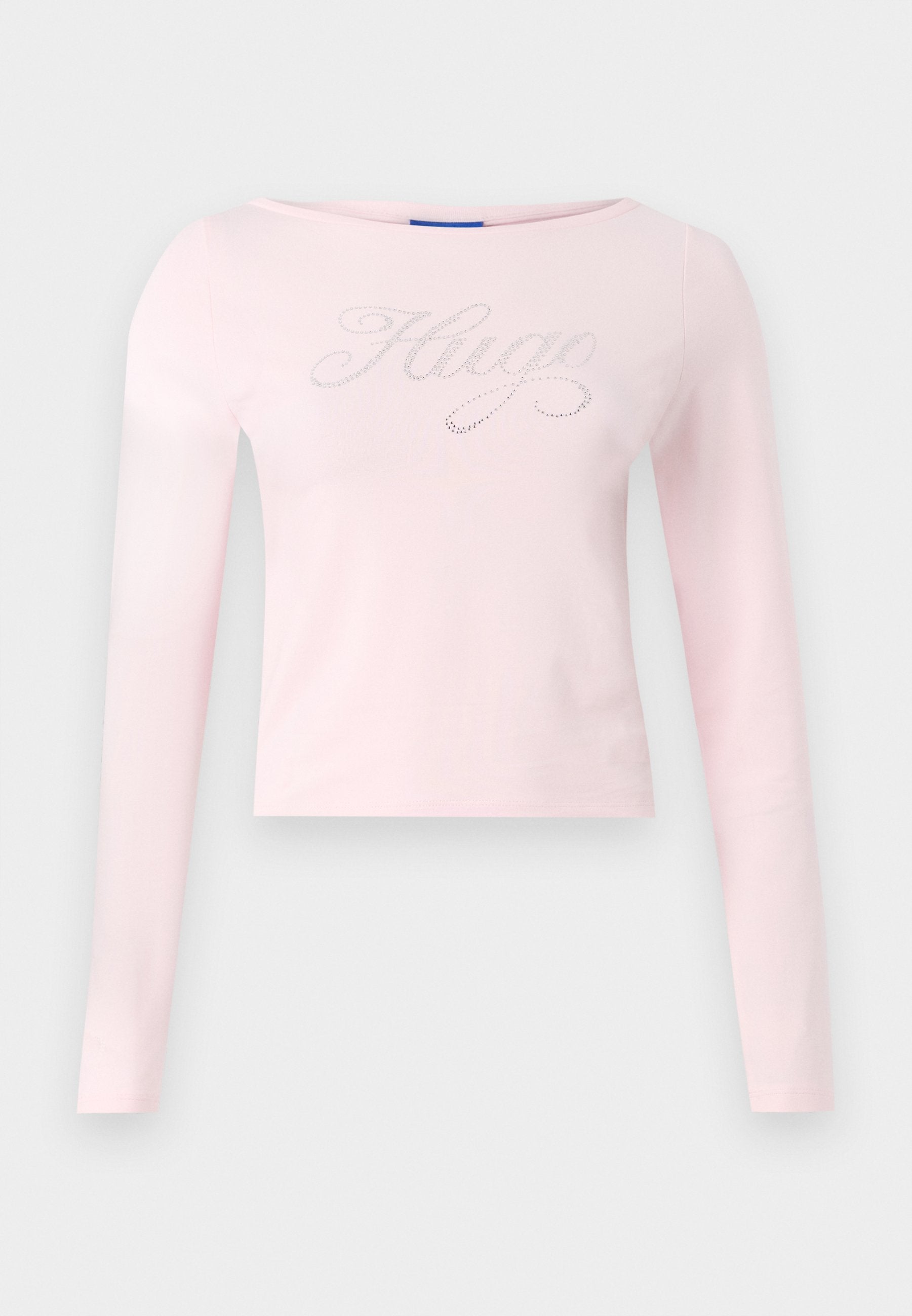 Hellrosa Langarmshirt mit Bootsausschnitt, verziert mit einem "Hugo" Schriftzug aus Strasssteinen auf der Brust. Weicher Baumwollstoff.