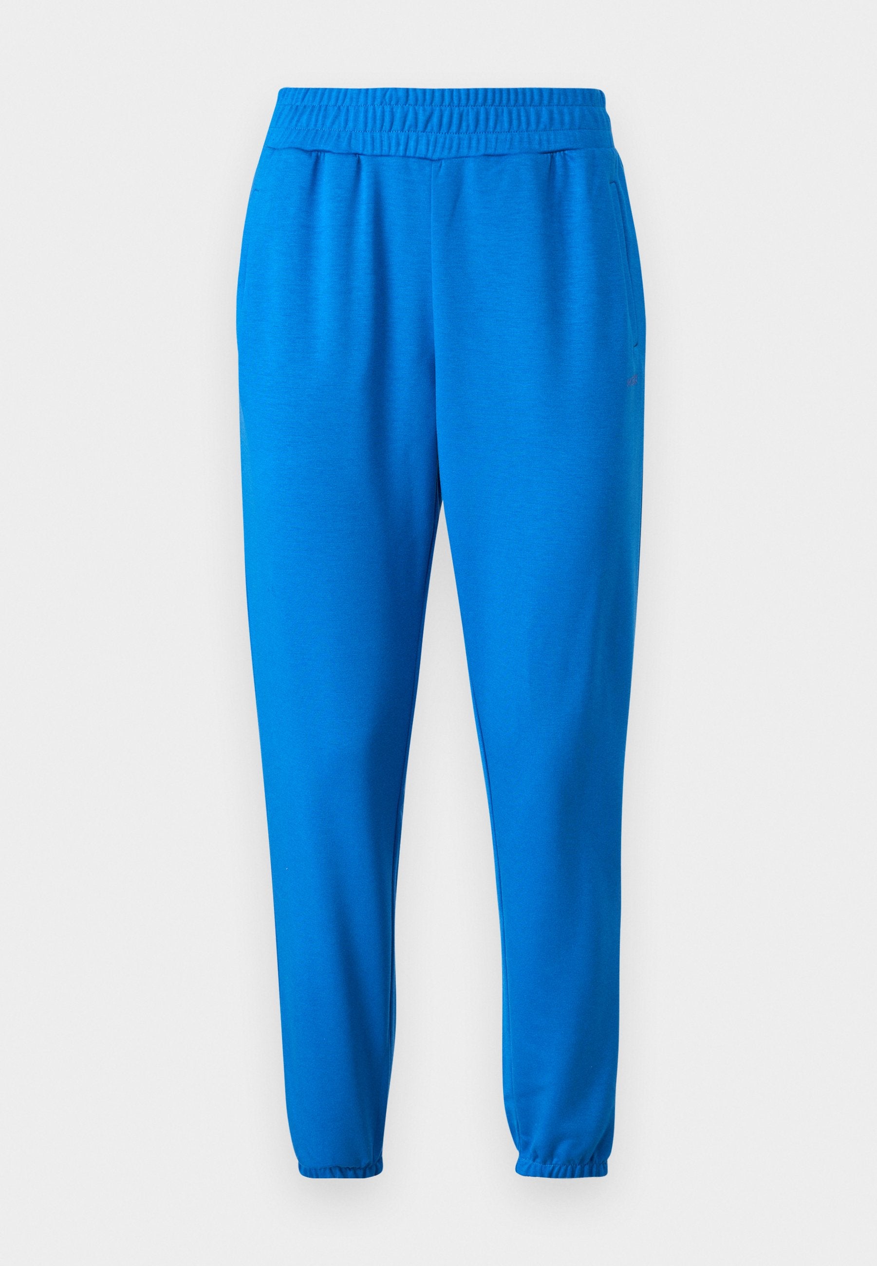 Blaue Jogginghosen mit elastischem Bund, Seitentaschen und schmal zulaufenden Bündchen. Hergestellt aus weichem, leichtem Stoff ohne Muster.