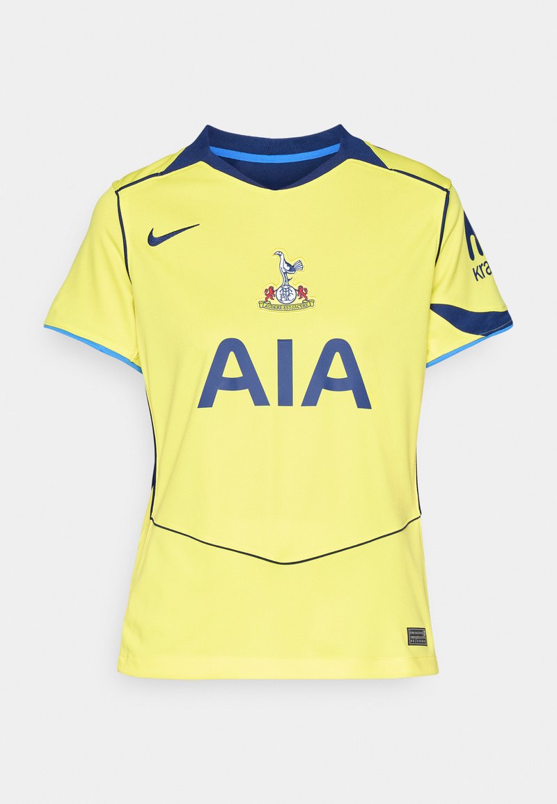 Gelbes Nike-Sporttrikot mit blauen Akzenten, ausgestattet mit Rundhalsausschnitt, kurzen Ärmeln und einem Logo auf der Brust. Das Design hat eine strukturierte Oberfläche.