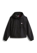 Schwarze Kapuzenjacke mit Reißverschluss, elastischen Bündchen und kleinem rot-weiß-blauem rechteckigem Logo auf der Brust und innen am Kragen.