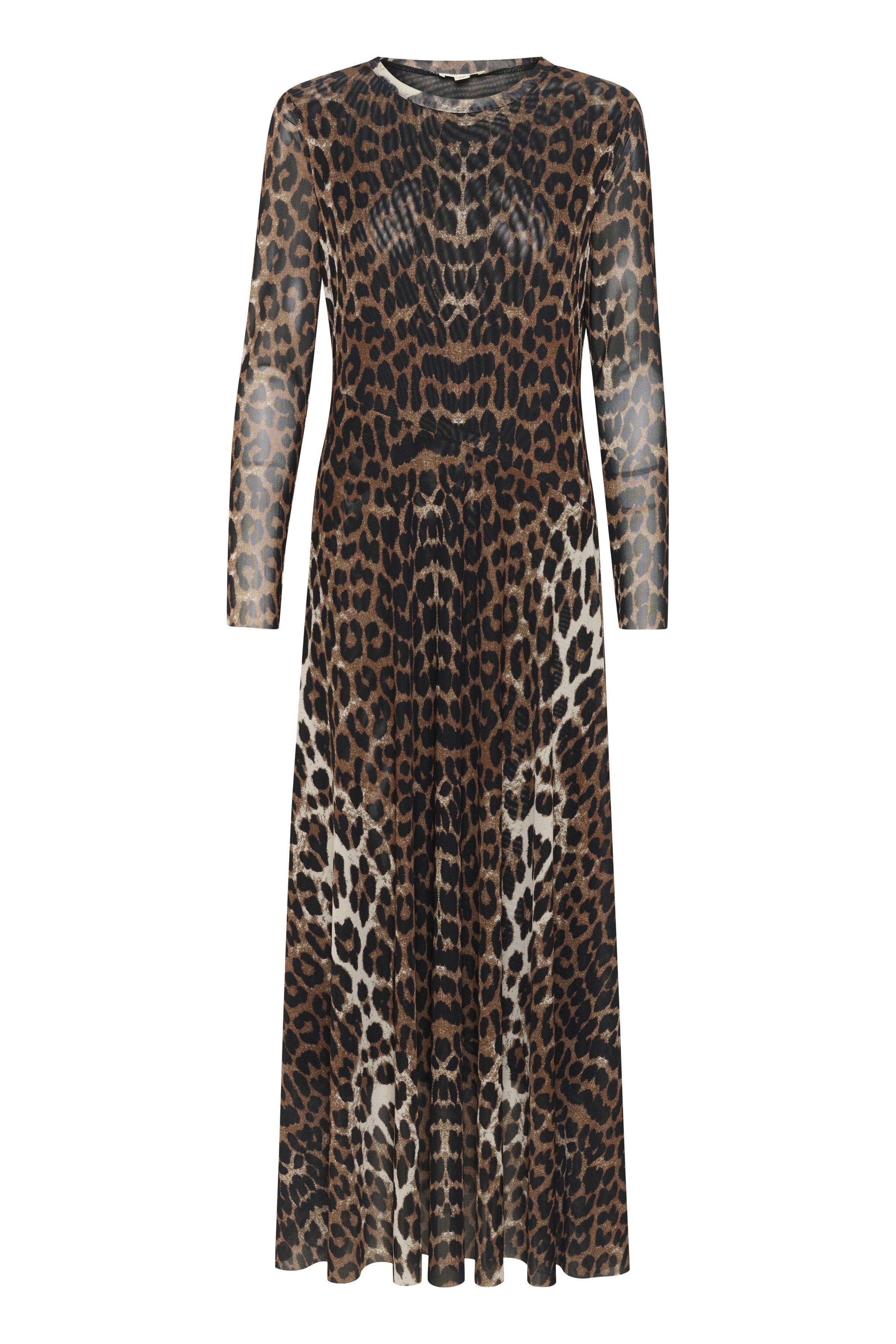 Langes, durchsichtiges Kleid mit einem Leopardenmuster in Braun, Schwarz und Creme. Rundhalsauschnitt und lange Ärmel; fließende A-Linie-Silhouette.