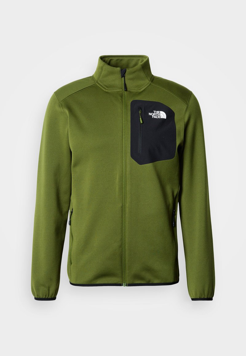 Olivgrüne Fleecejacke mit einer schwarzen, mit Reißverschluss verschließbaren Brusttasche, vorderem Reißverschluss und elastischen Bündchen. Die Tasche ist mit einem Logo versehen.