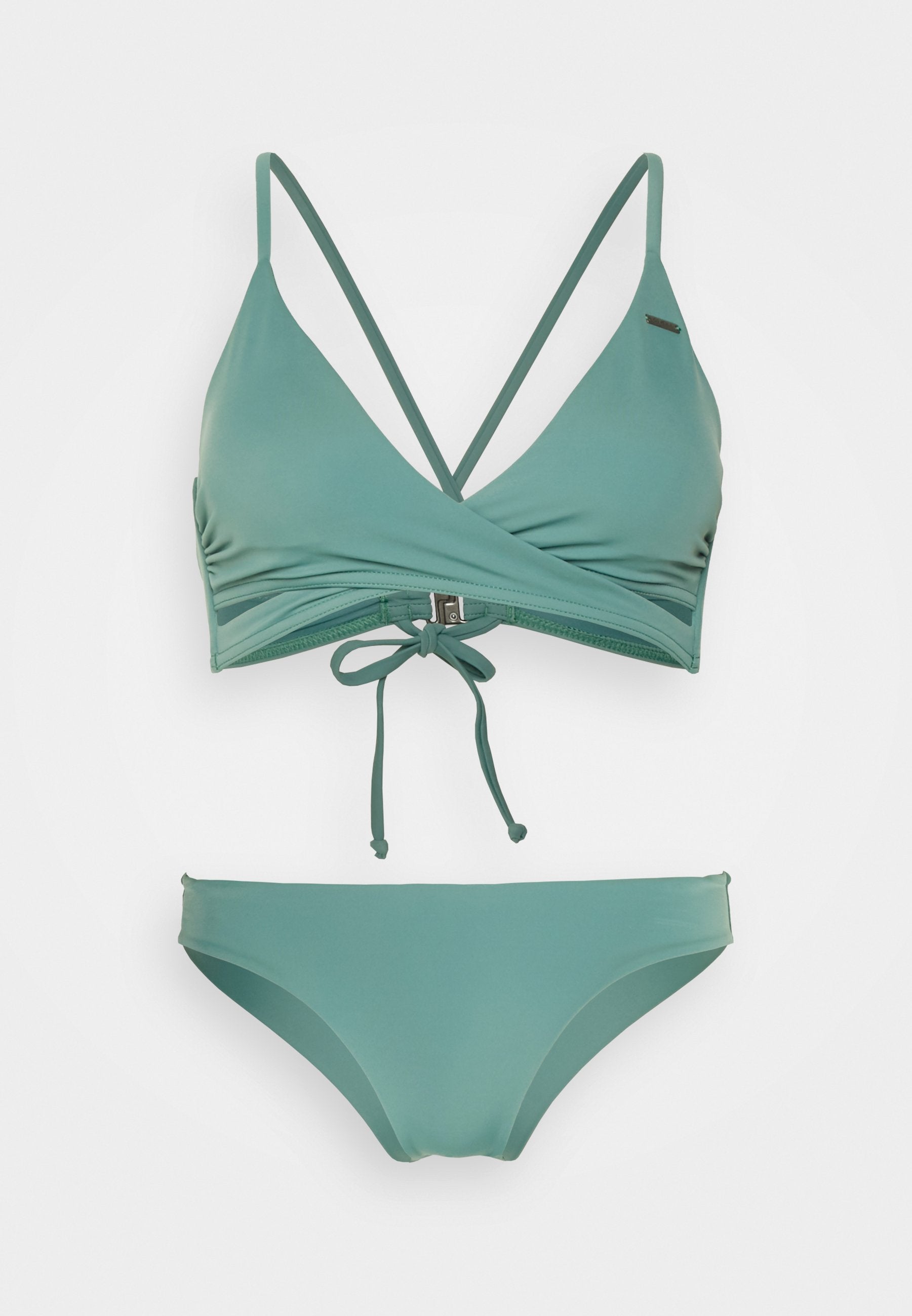 Türkises Bikini-Set mit einem Triangel-Oberteil mit verstellbaren Trägern und einem Bindeband am Rücken, kombiniert mit einem passenden Hipster-Bottom. Glatte Textur.