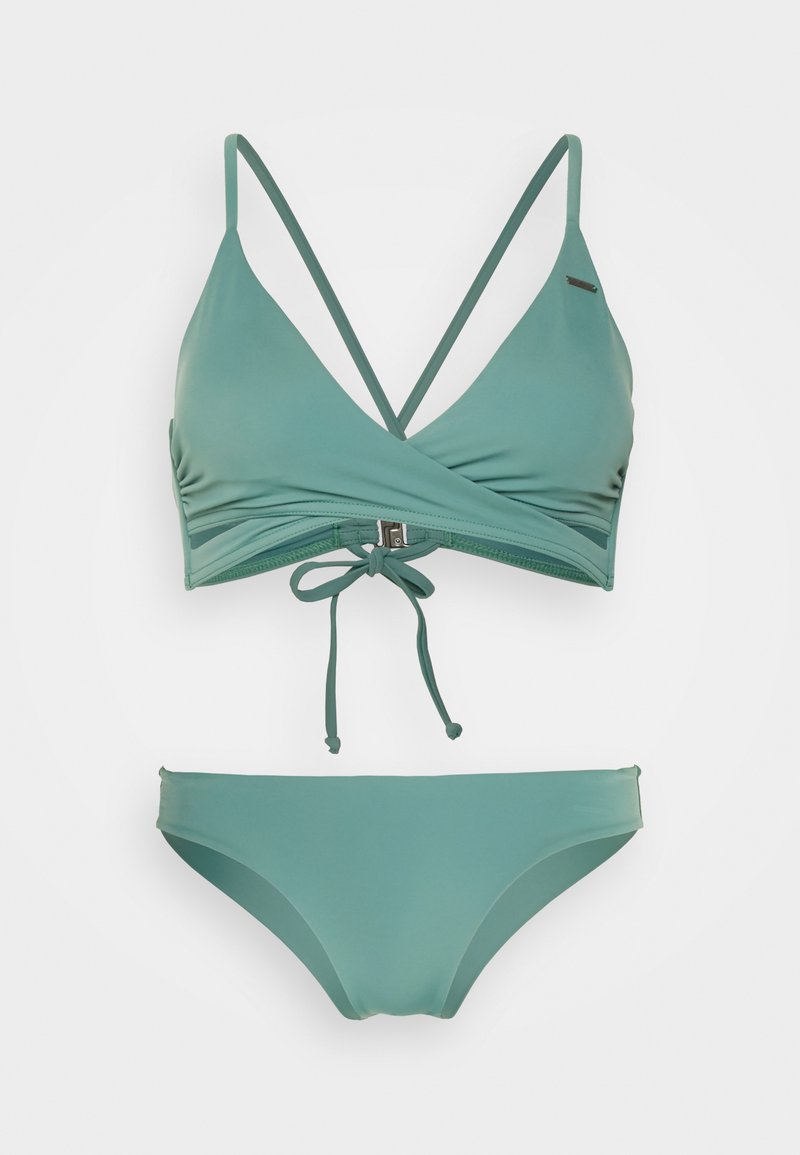 Türkises Bikini-Set mit einem Triangel-Oberteil mit verstellbaren Trägern und einem Bindeband am Rücken, kombiniert mit einem passenden Hipster-Bottom. Glatte Textur.