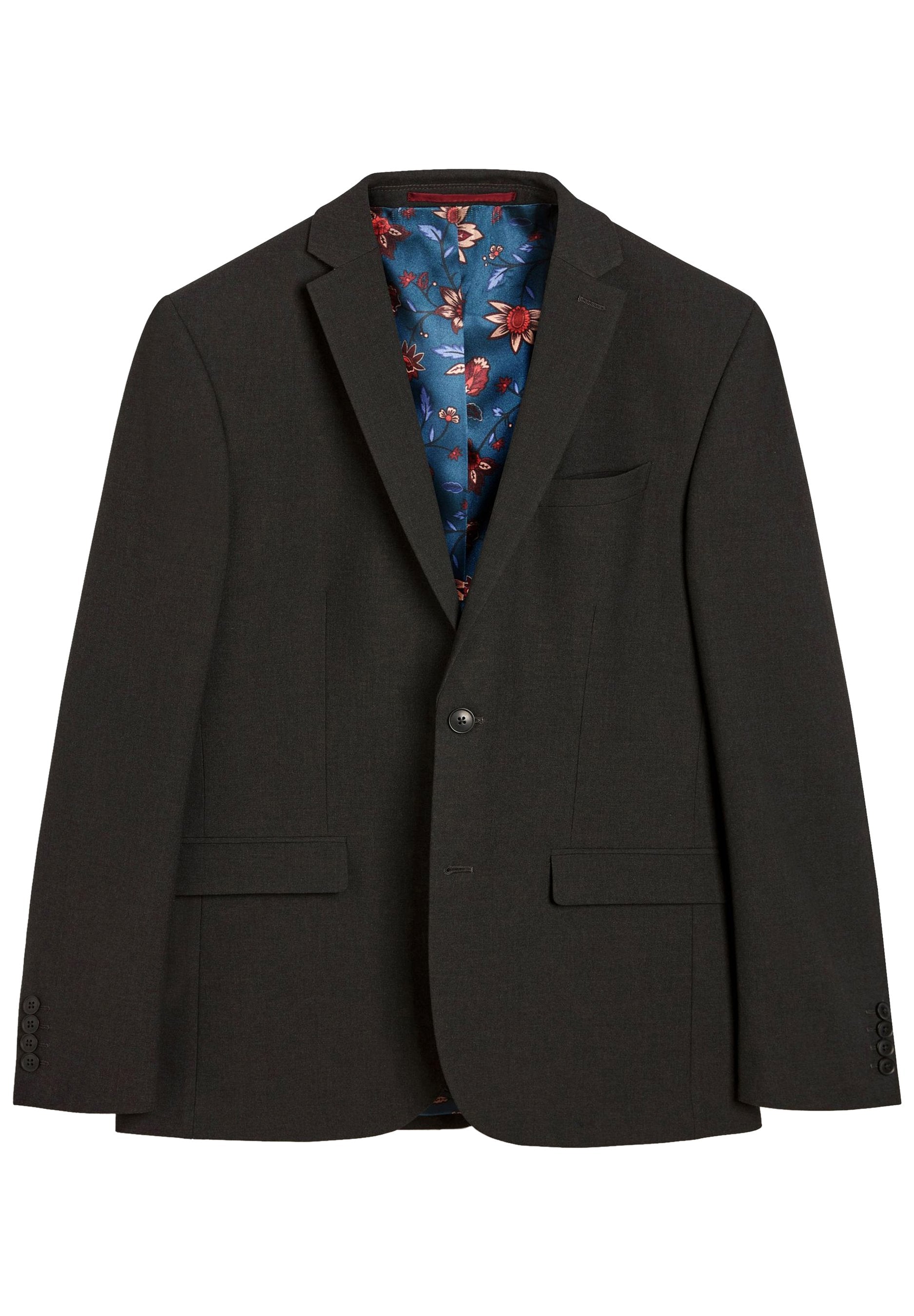 Dunkelgrauer Blazer mit Revers, einreihiger Knopfschluss, zwei Fronttaschen und einer blumig gemusterten blauen Fütterung. Strukturierter Stoff.