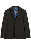 Dunkelgrauer Blazer mit Revers, einreihiger Knopfschluss, zwei Fronttaschen und einer blumig gemusterten blauen Fütterung. Strukturierter Stoff.