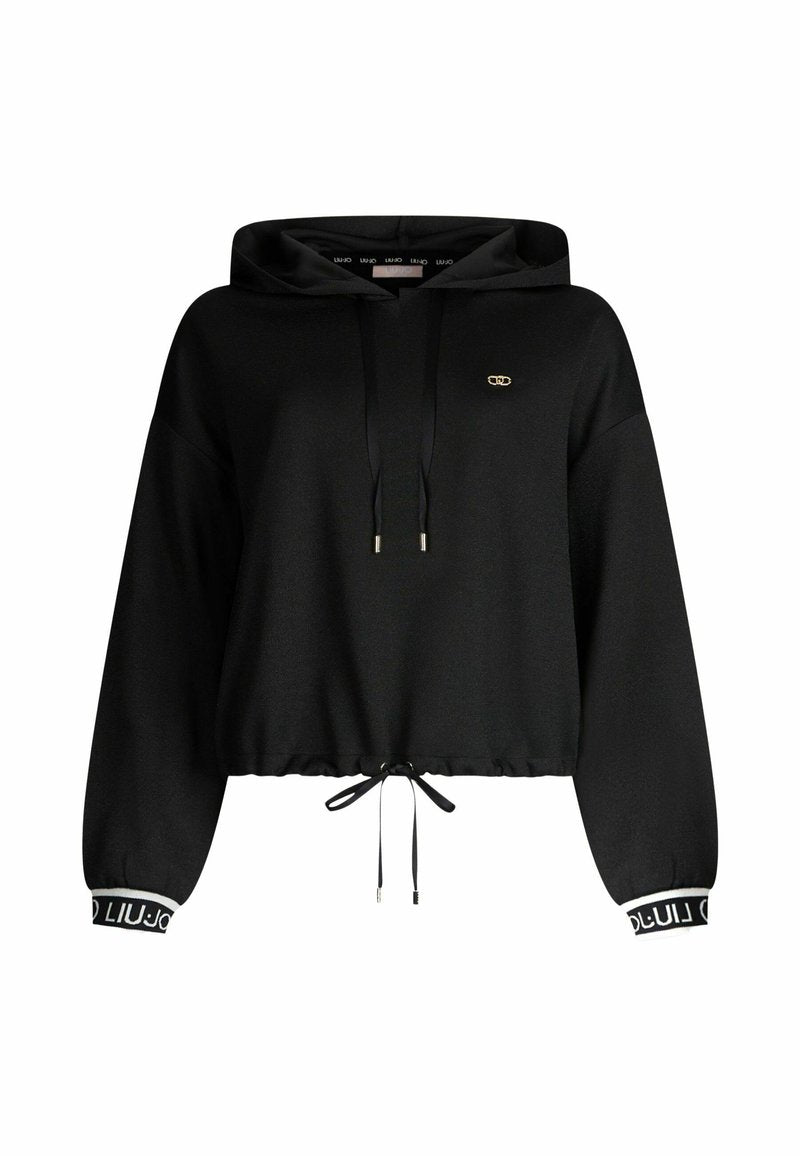 Schwarze, taillierte Kapuzenjacke aus weichem Material mit Kordelzug-Kapuze, elastischen Bündchen und Logo-Akzenten auf der Brust sowie am Saum.