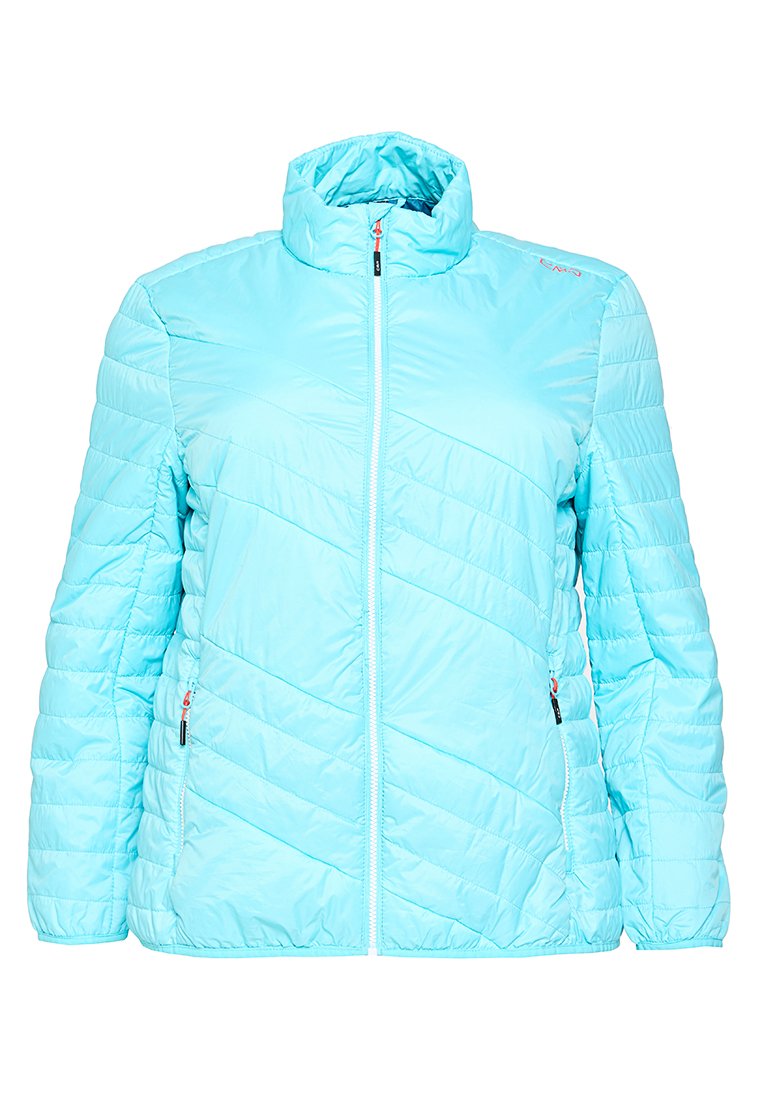 Hellblaue gesteppte Jacke mit hohem Kragen, vorderem Reißverschluss und Reißverschlusstaschen an den Seiten, entwickelt für kaltes Wetter.