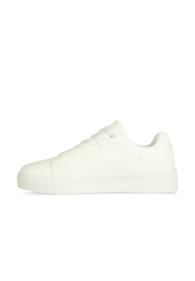 Weiße Sneaker aus glattem, synthetischem Material, mit runder Zehenpartie, Schnürdesign und rutschfester Gummisohle für Grip und Langlebigkeit.