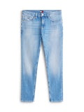 Helle blaue Denim-Jeans mit geradem Schnitt, ausgestattet mit Fronttaschen, Gürtelschlaufen und einem kleinen Logotag am Bund. Mit verblassten Musterdetails.