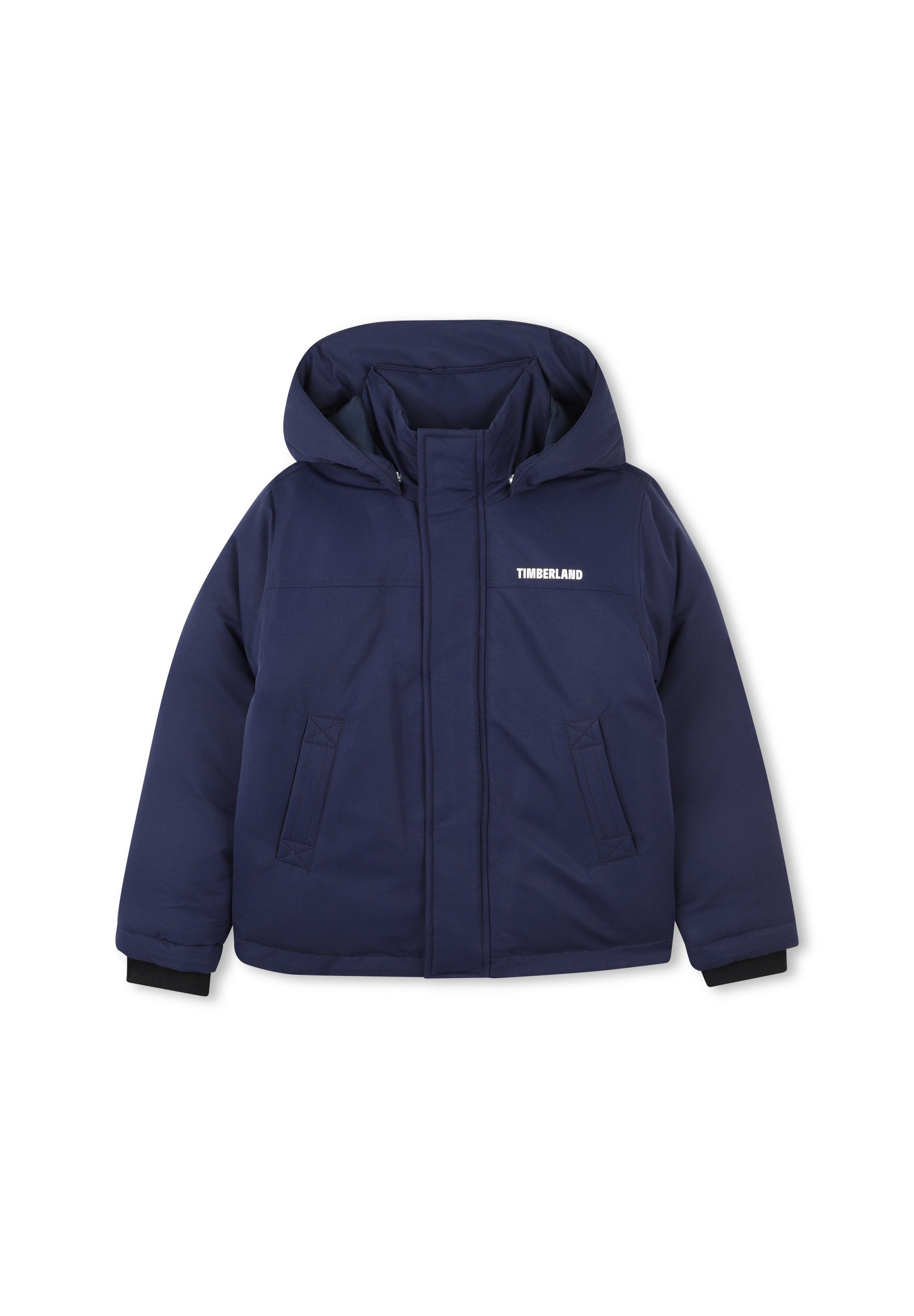 Dunkelblau gestepptejacke mit Kapuze, ausgestattet mit einem Frontreißverschluss, zwei Seitentaschen und dem Timberland-Logo auf der Brust.
