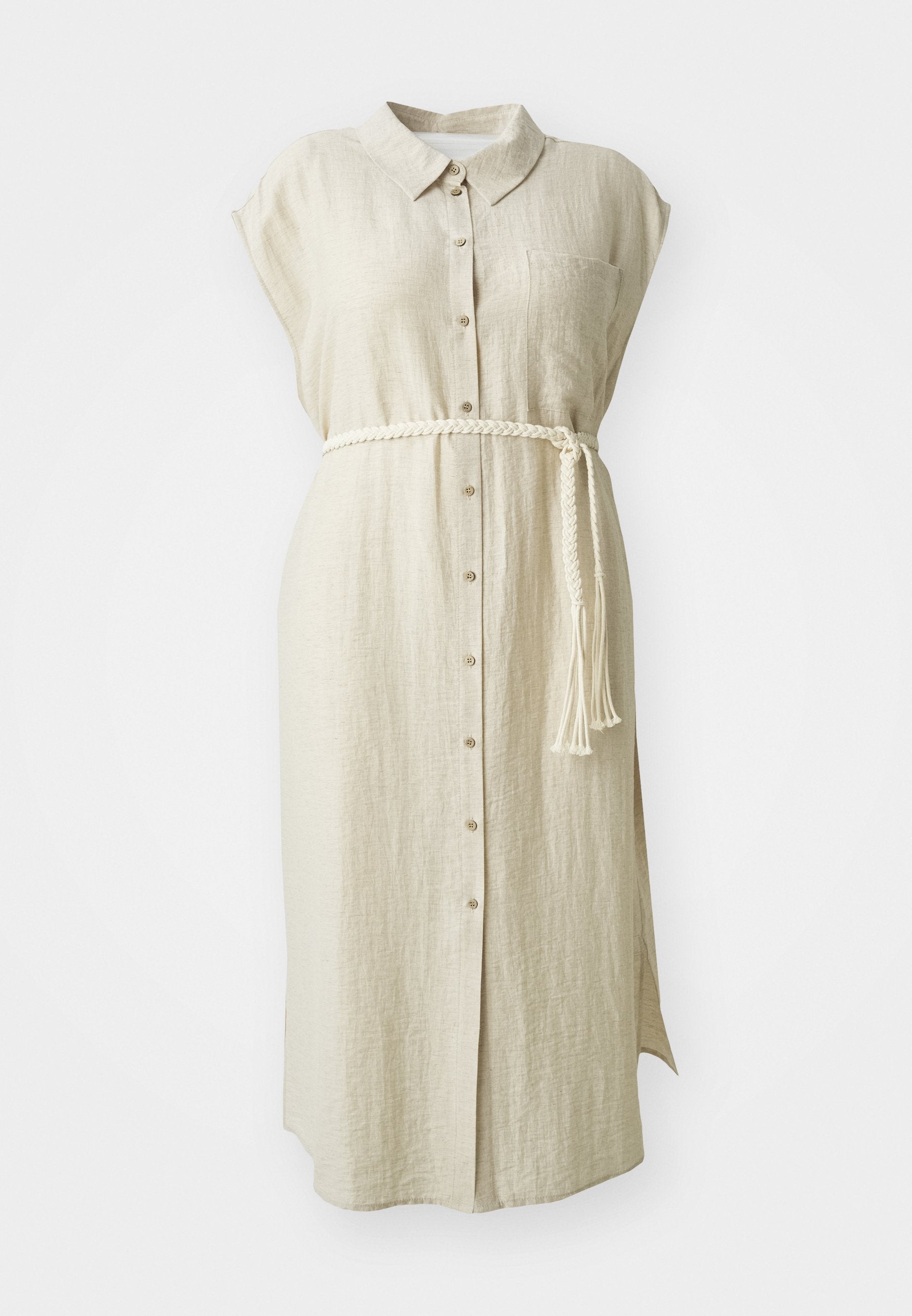 Beige Leinenkleid mit Kragen, Frontknöpfen, kurzen Ärmeln und einem geflochtenen weißen Gürtel mit Quasten in der Taille.